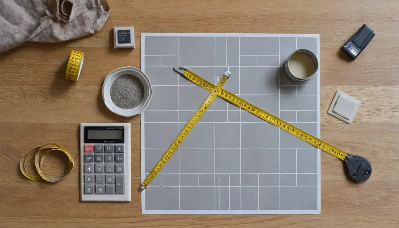 Floor plan, tape measure, calculator and tile samples while costing a renovation