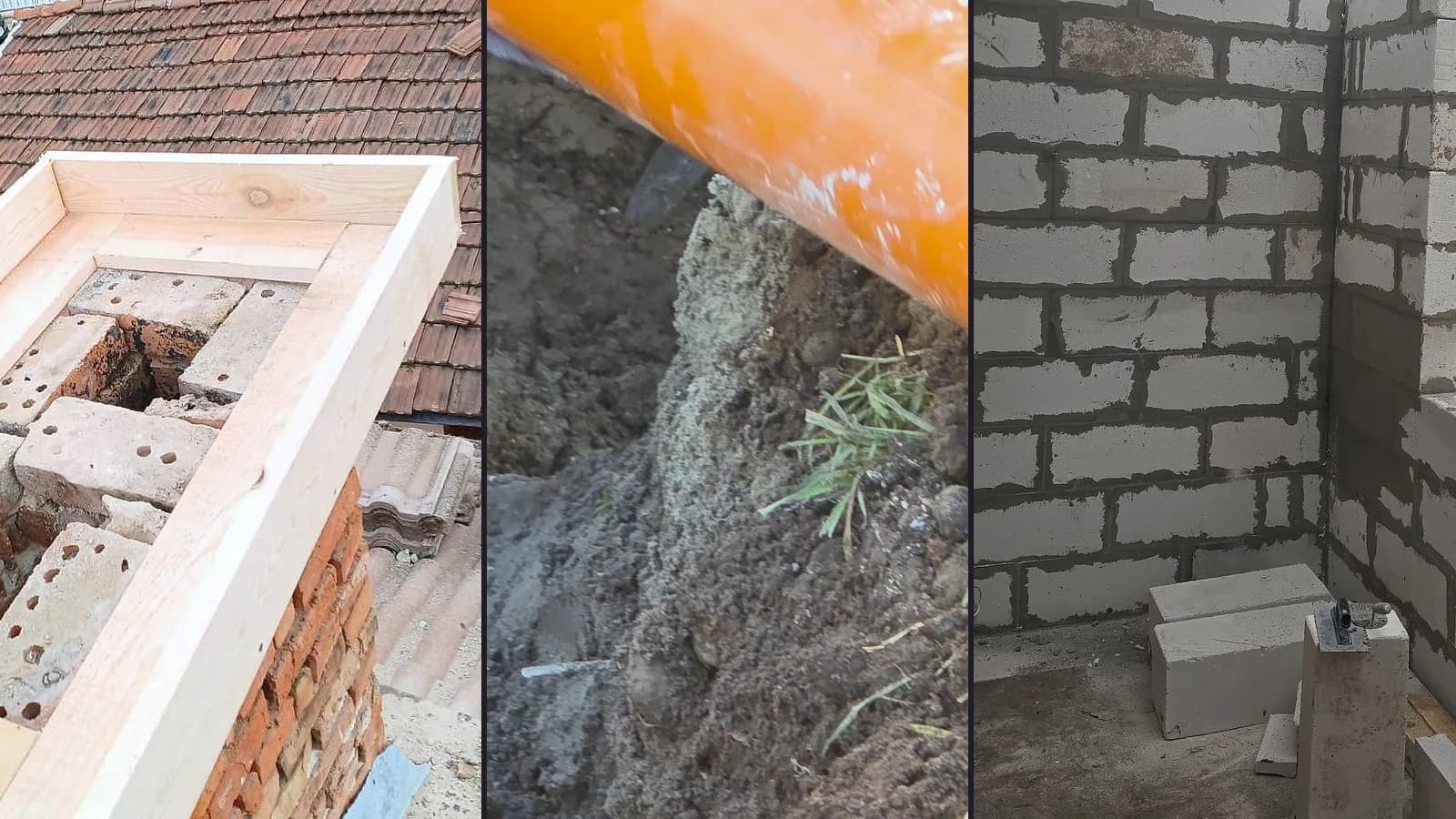 The house in Obelya during the work: timber formwork for the new chimney cap, the orange pipe of the new drain line in the trench in the garden and new aerated concrete block walls