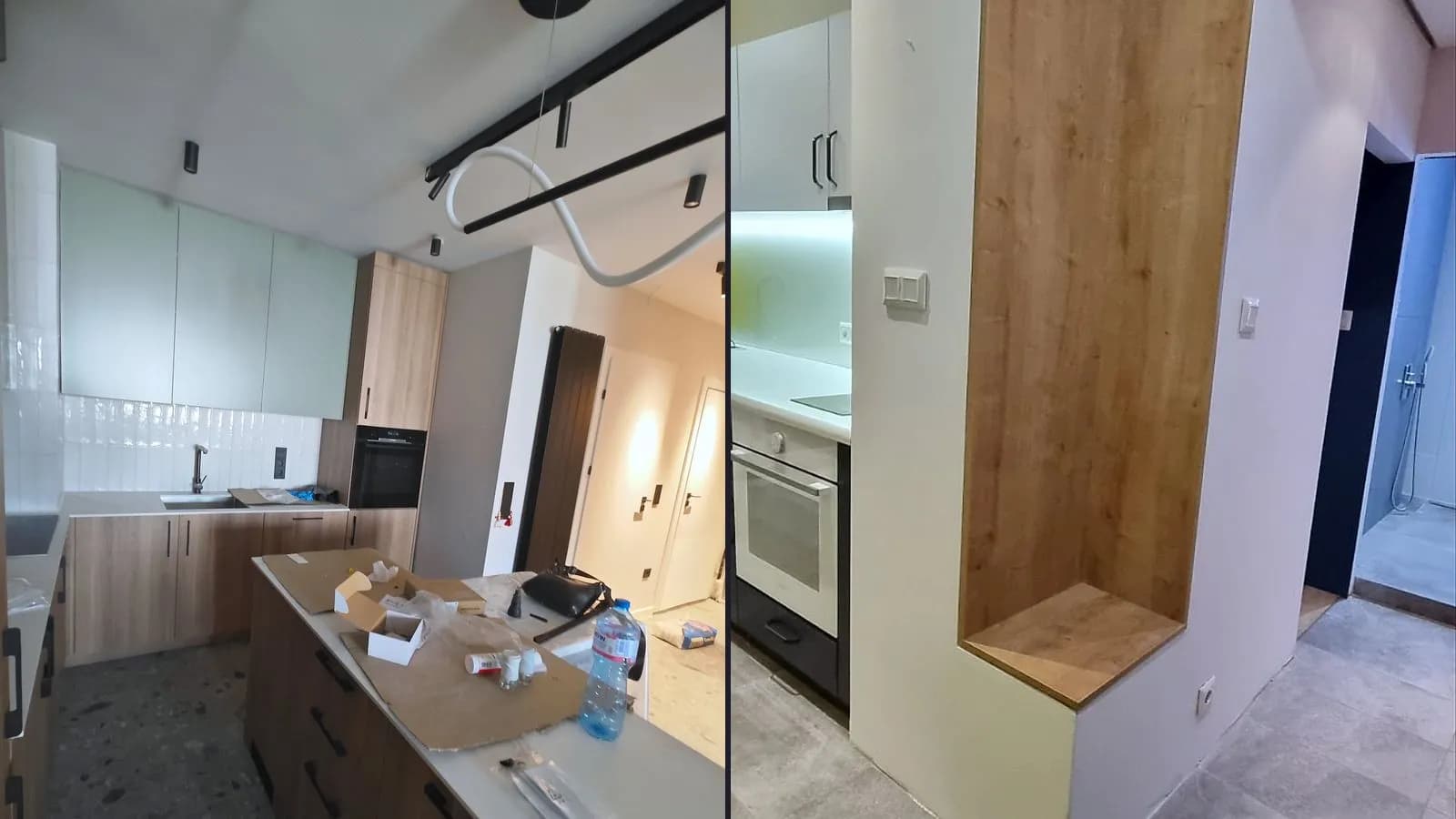 Kitchens from our projects: a kitchen with an island and a white tiled backsplash in a new-build apartment, and a wood-clad niche next to the kitchen in Buxton