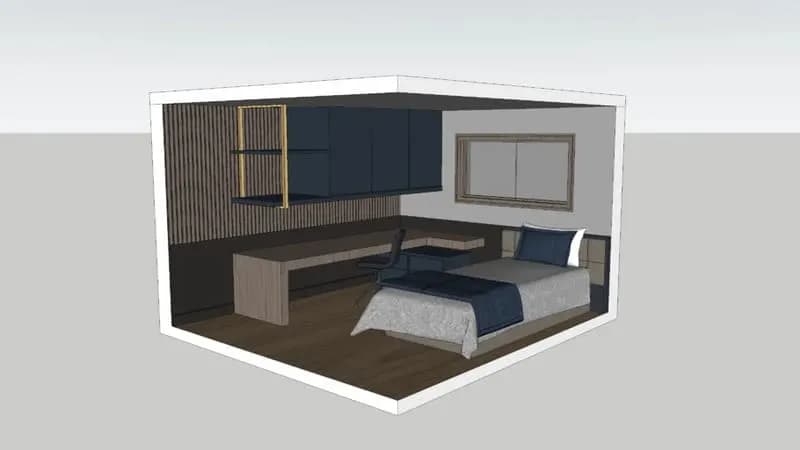 3D проект на малка спалня с работно бюро и окачени шкафов
