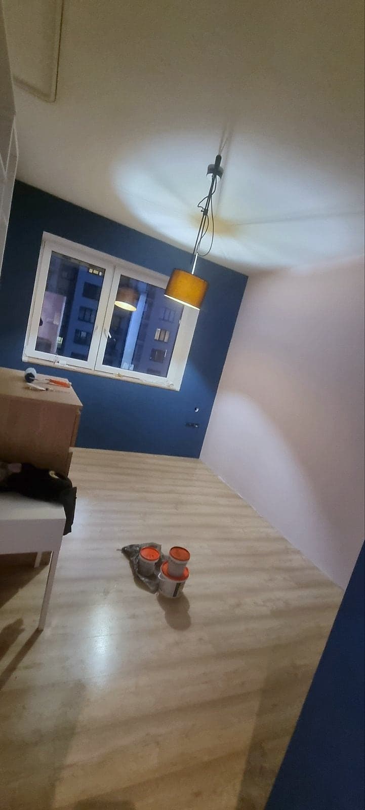 Apartment in Buxton: feature walls and laminate — Room with a navy feature wall