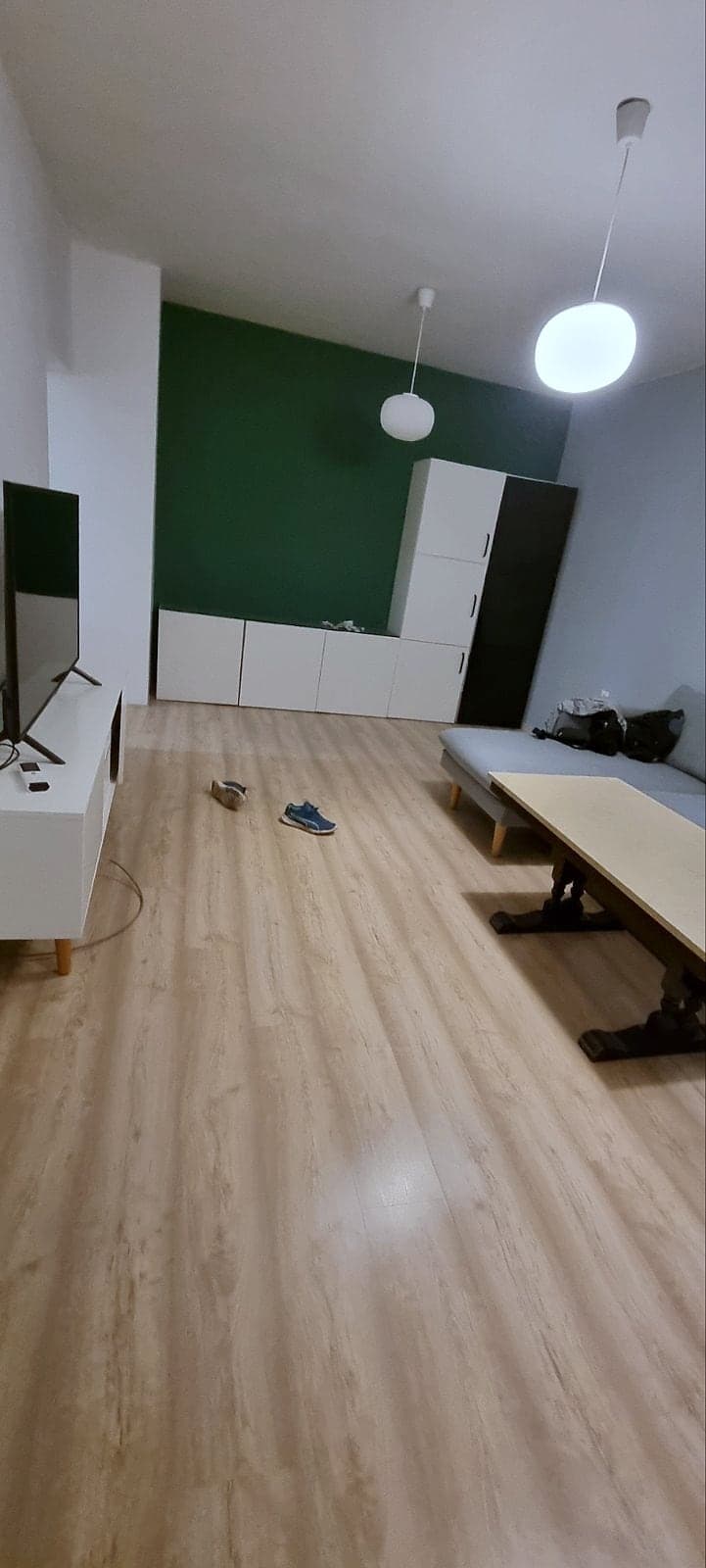 Apartment in Buxton: feature walls and laminate — Room with a green feature wall