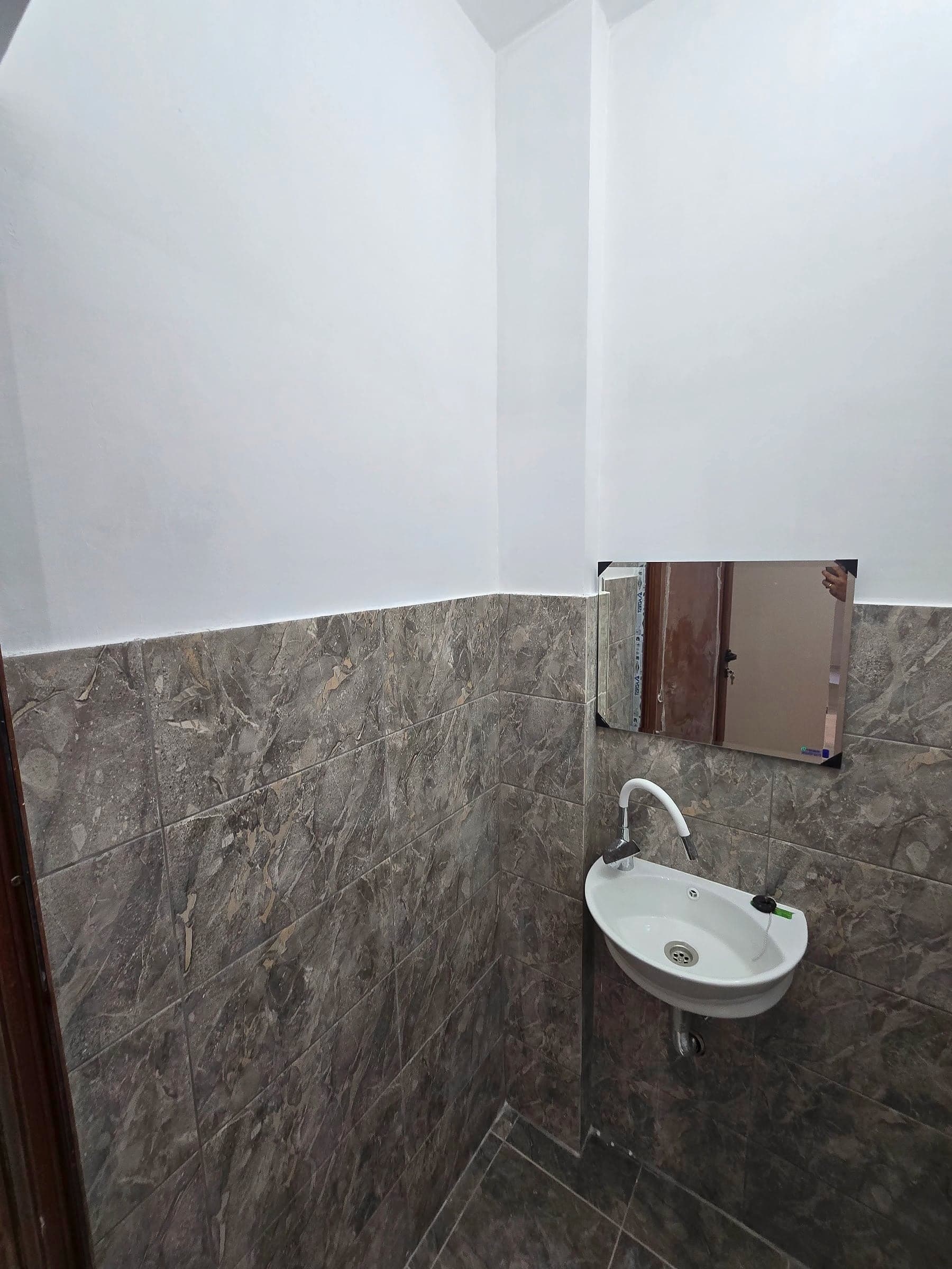 Apartment in Druzhba: walls, laminate and toilet — Toilet: washbasin and mirror