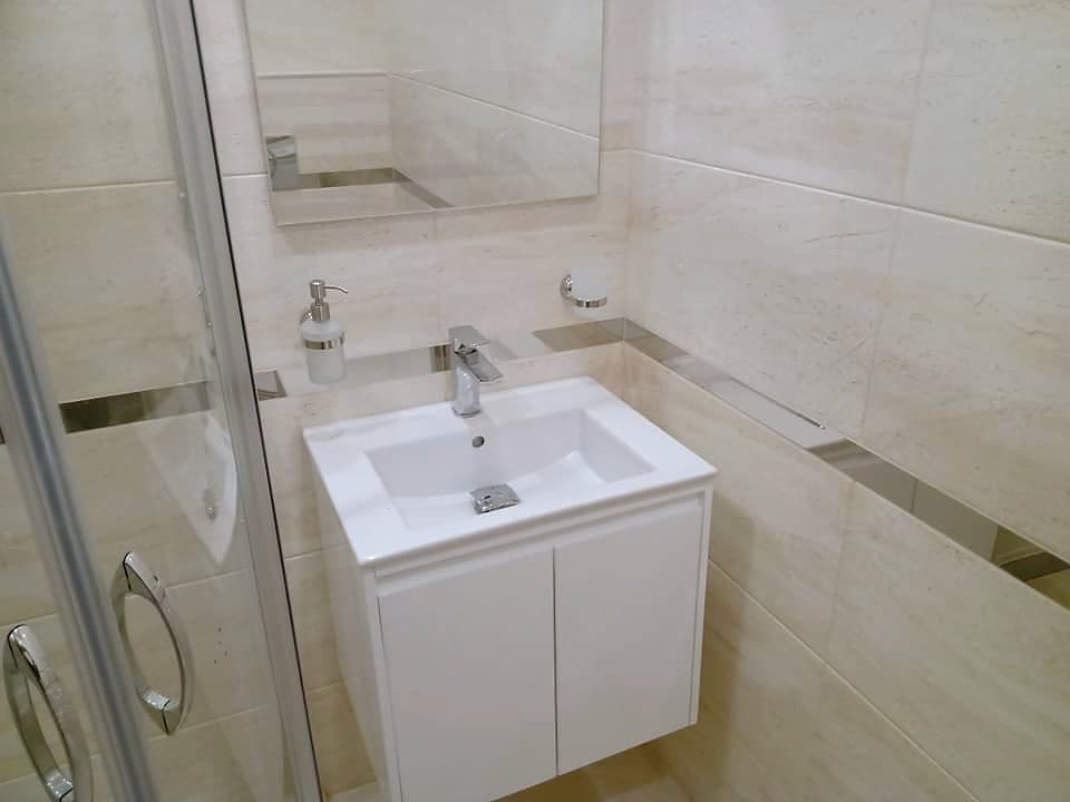 Bathroom with a shower enclosure and a wall-hung toilet — Vanity unit