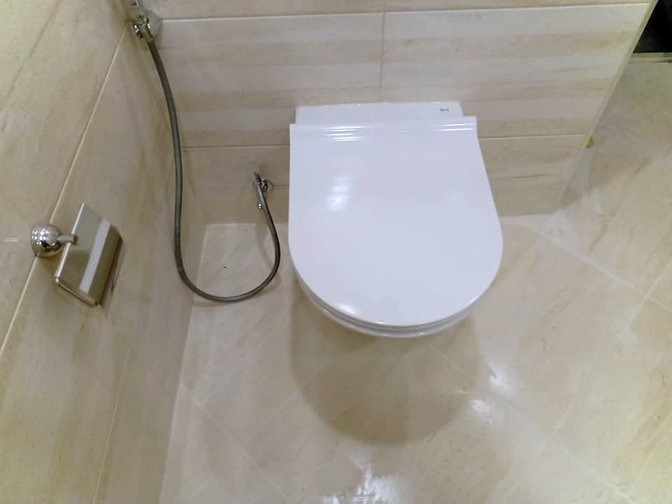 Bathroom with a shower enclosure and a wall-hung toilet — Wall-hung toilet with a bidet shower