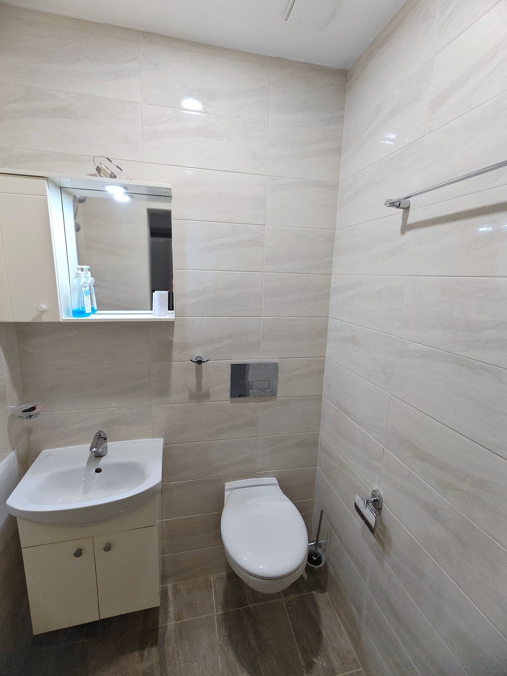 Beige bathroom with a wall-hung toilet — Washbasin and toilet