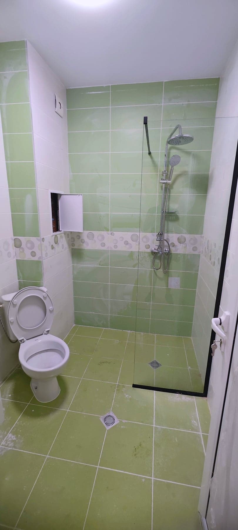 Green bathroom with a decorative border — Shower area with a glass panel