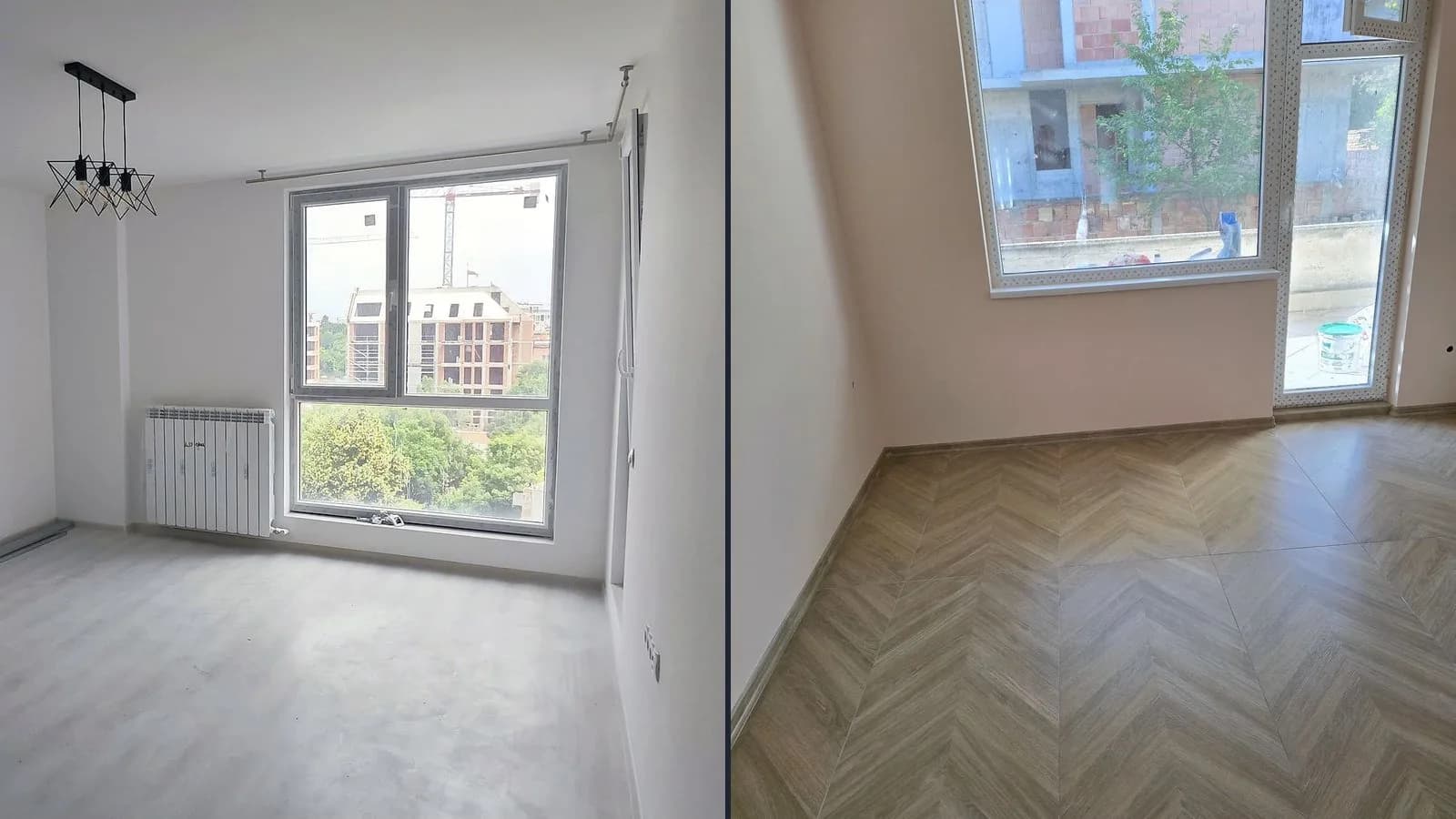 Two rooms from our projects after the renovation: a bright room with a large window and a grey floor, and a room with pink walls and a herringbone floor