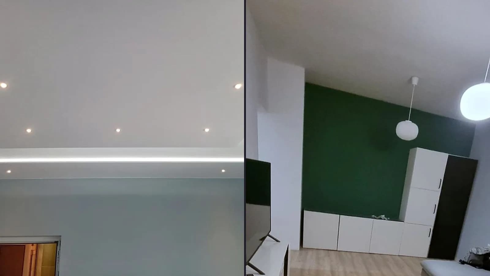 A living room with a suspended ceiling and concealed LED lighting, and a living room with a green feature wall, white cabinets and laminate – two of our projects after the renovation