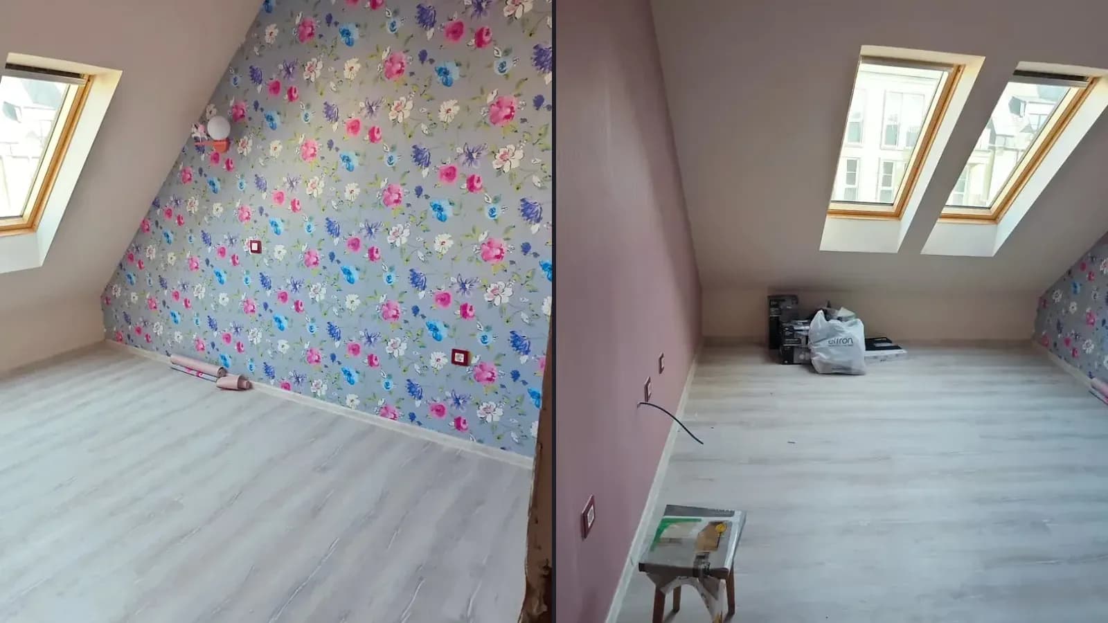 Attic room with a floral wallpaper feature wall