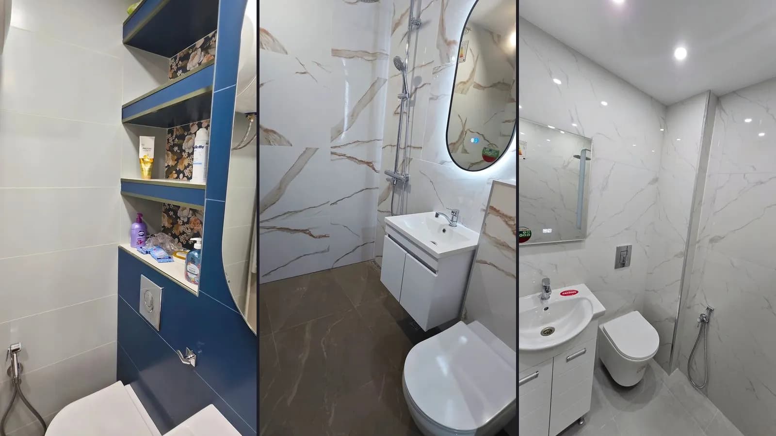 Three small bathrooms from our projects: navy with shelves, white marble with gold veining, and white marble with an LED mirror