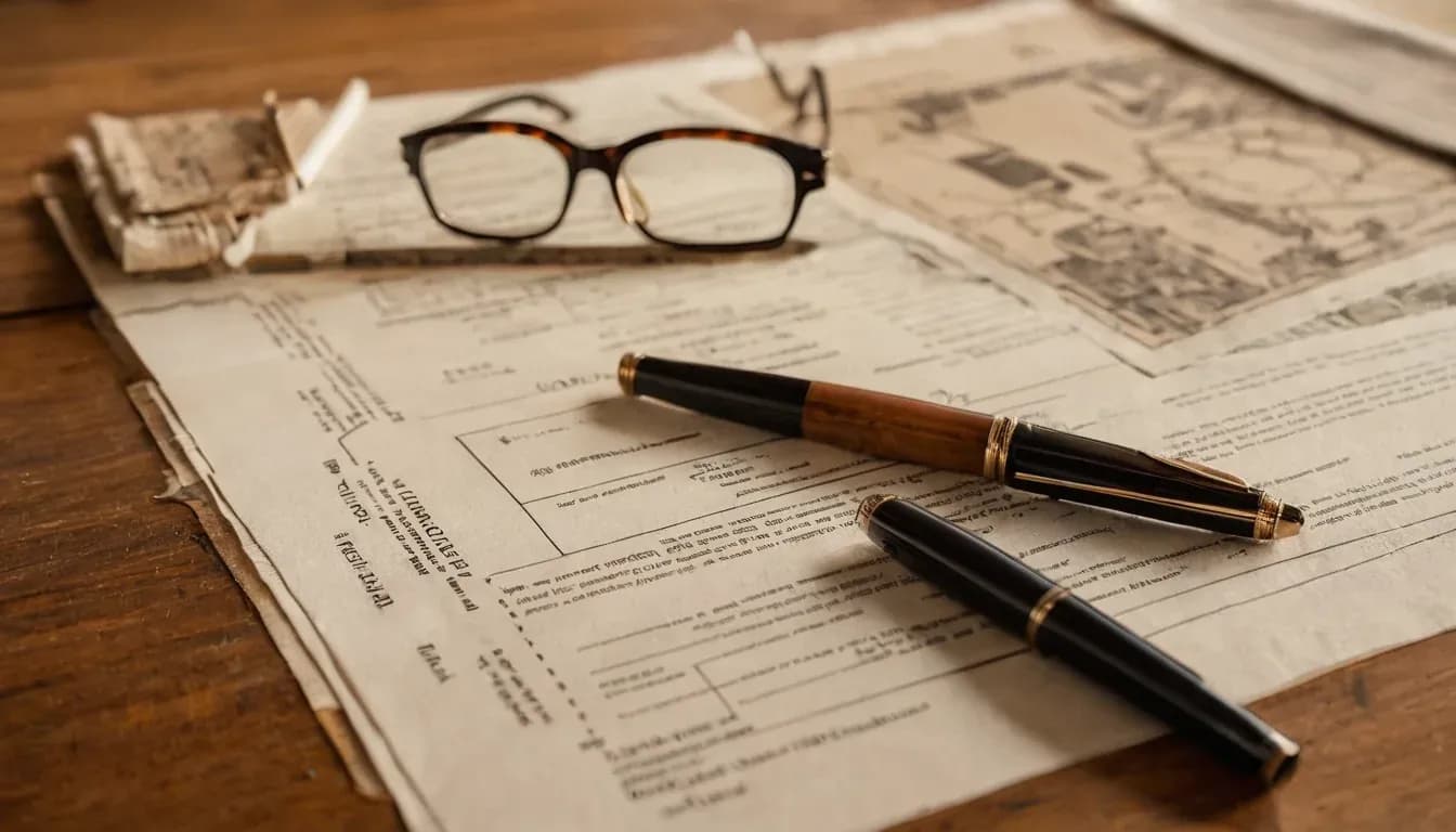A quote and drawings on a desk with a pen and glasses