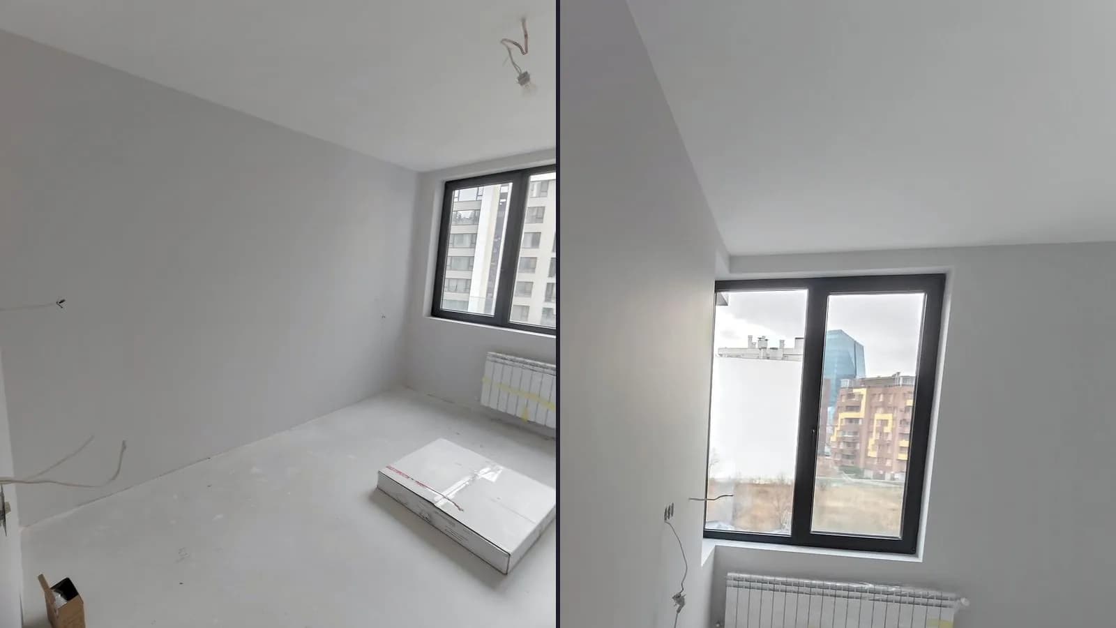 Empty rooms in a new building before the renovation: white walls, windows, radiators, cables from the wall and the ceiling, and a floor with no covering yet