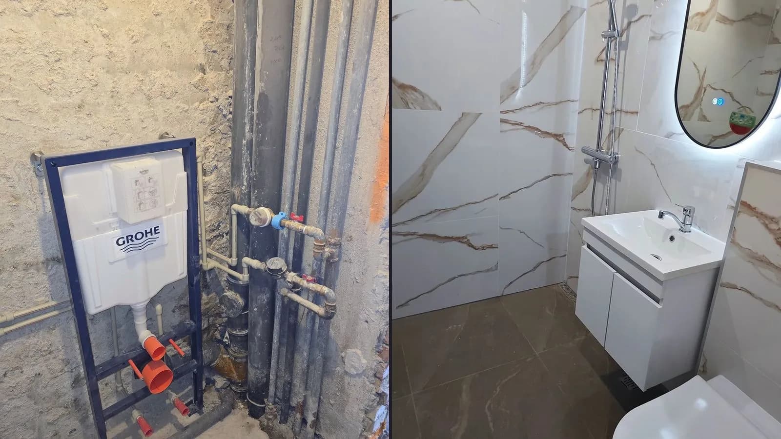 A wall-hung toilet frame and new pipes during a bathroom renovation, and the same bathroom afterwards