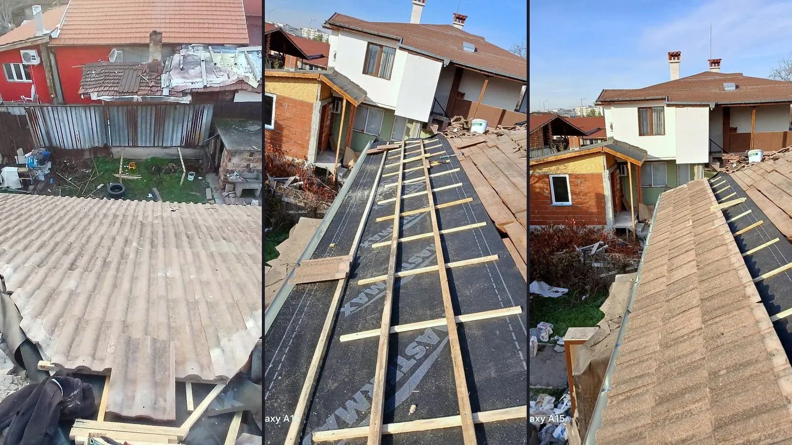 The roof of a house in Obelya: the old tiles, the waterproofing membrane with battens and the new tiles